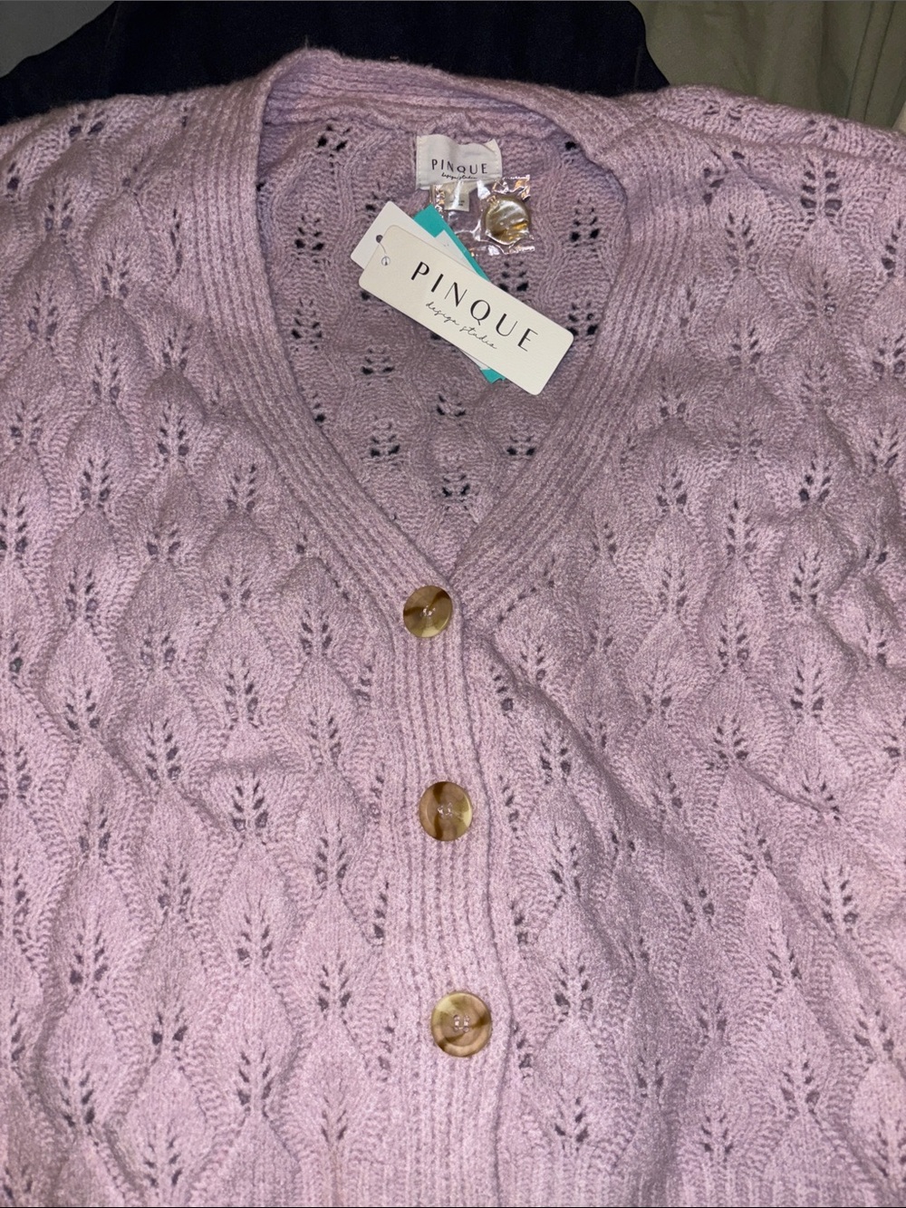 Pinque Lavender Openwork V‑Neck Button Cardigan Sweater